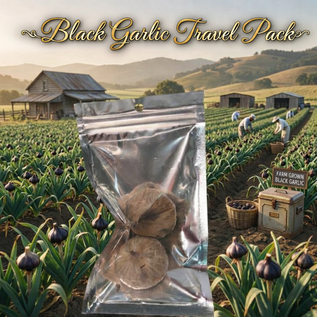 黑蒜旅行包装与农场景色