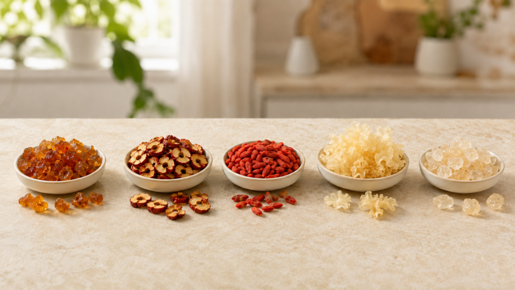 Dessert Ingredients Malaysia with peach gum, red dates, goji berries, white fungus and rock sugar