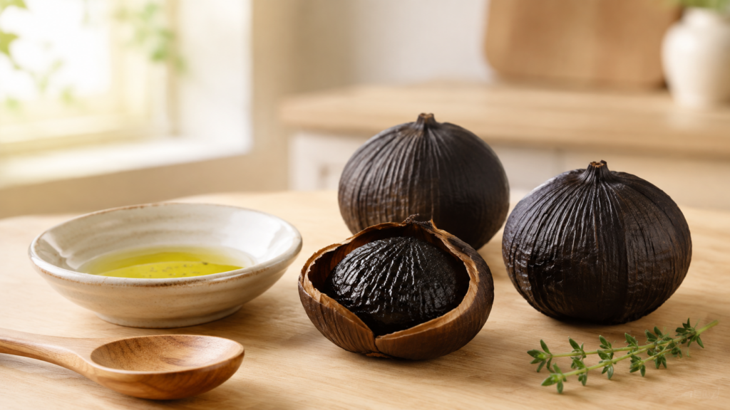 Whole round solo black garlic with a naturally sweet and savoury flavour