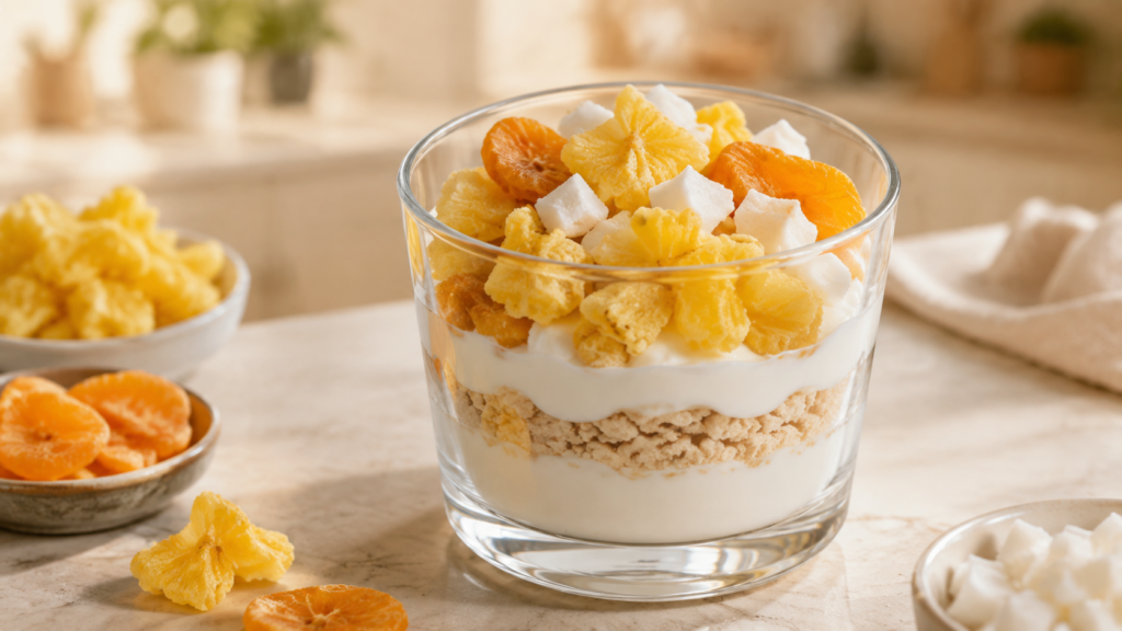 Dried pineapple and peach dessert cup recipe