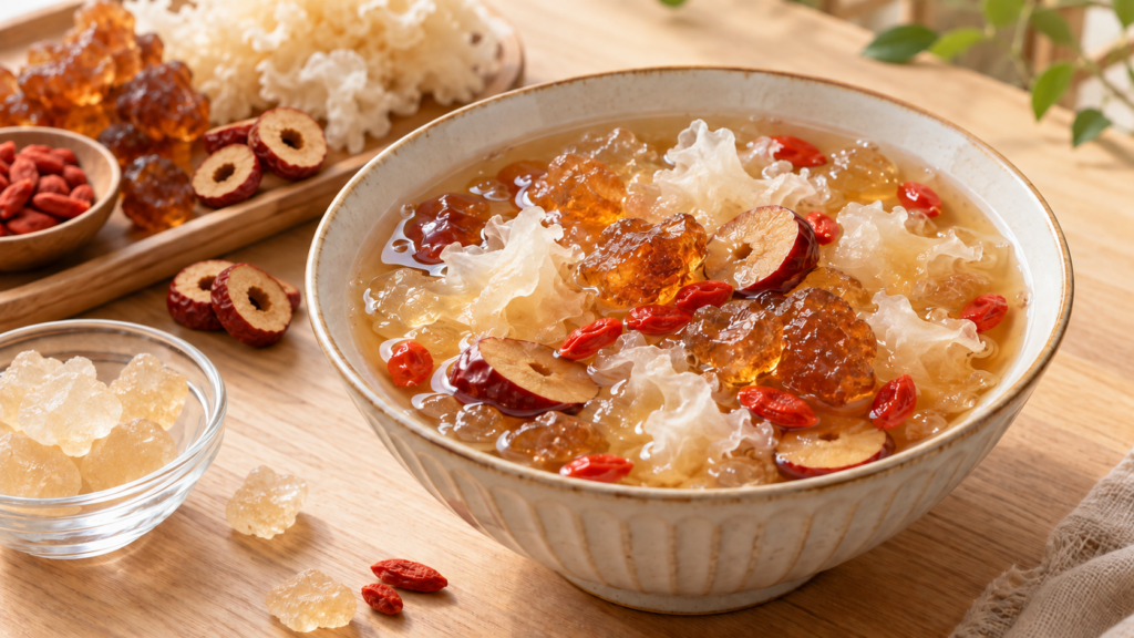 Peach Gum and White Fungus Sweet Soup with red dates and goji berries